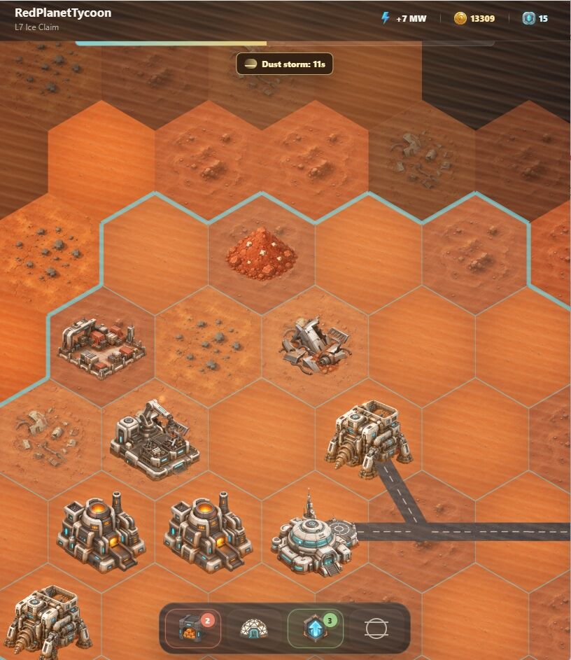 Red Planet Tycoon screenshot showing a dust storm sweeping over a Martian hex map