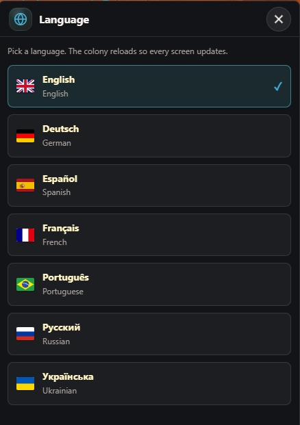 Language selection drawer showing English, German, Spanish, French, Portuguese, Russian, and Ukrainian options