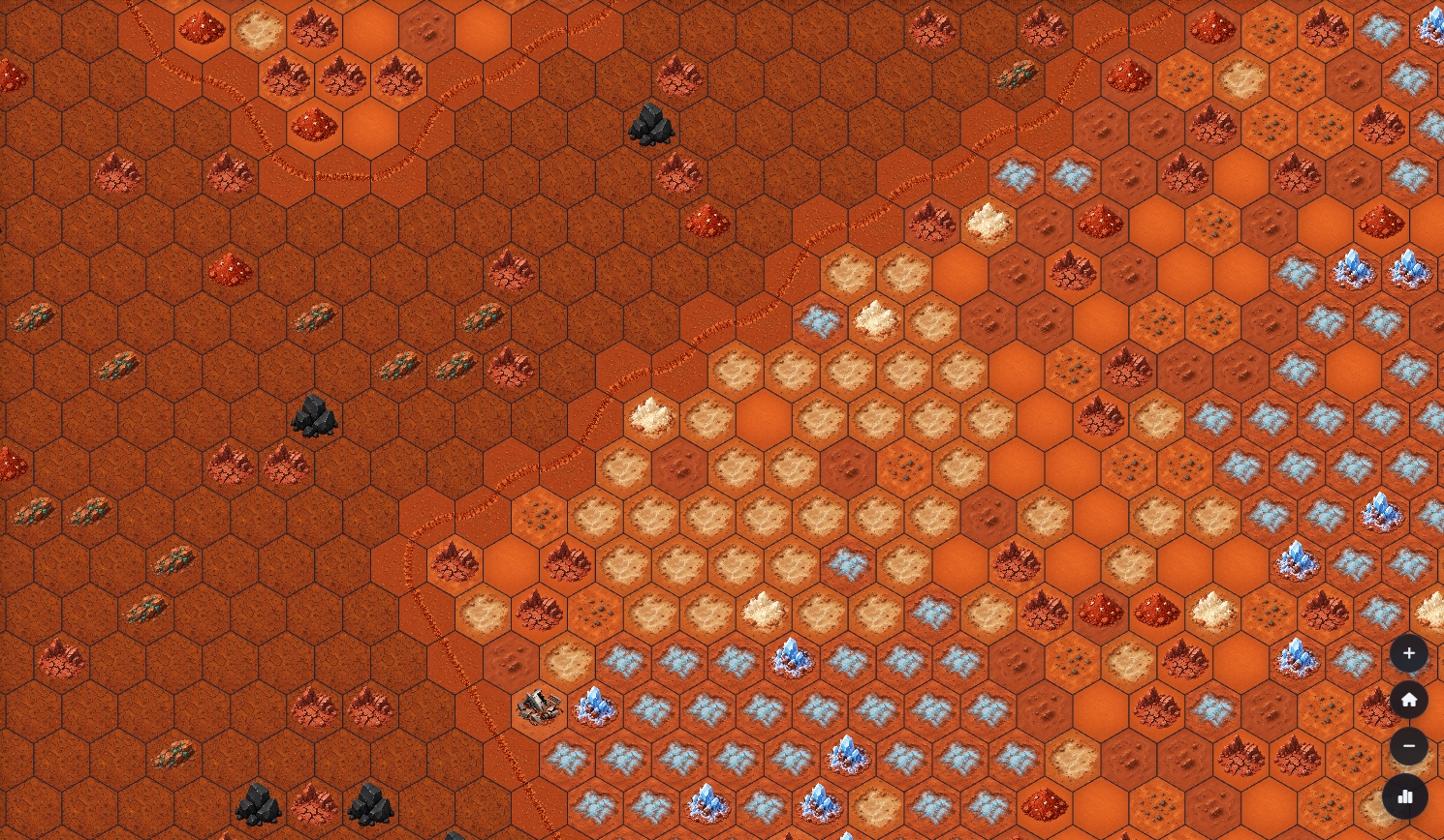 Updated Red Planet Tycoon Mars map showing crater rims, crater floors, resource icons, roads, and built colony structures on a hex grid